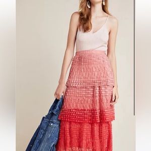 Anthropologie Maeve Brighton Tiered Midi Skirt Ombre Lace Pink Tiered